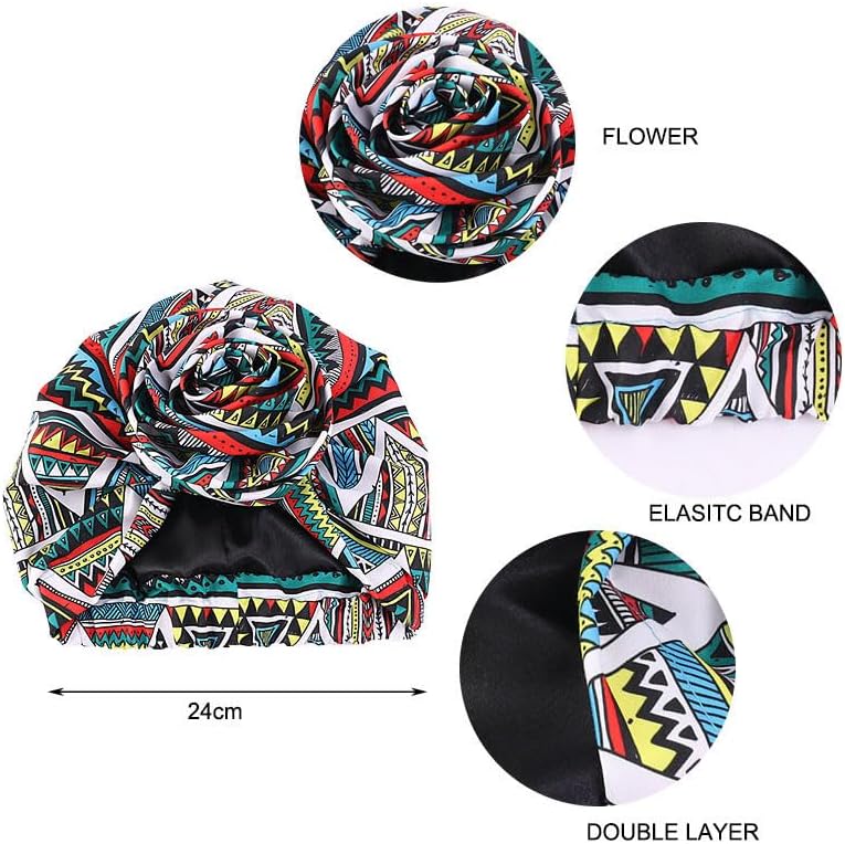 Woman African Satin Lined Turban Cap Big Flower Hat Floral Printed Headwrap Bonnet Muslim Headscarf Ladies Beanies