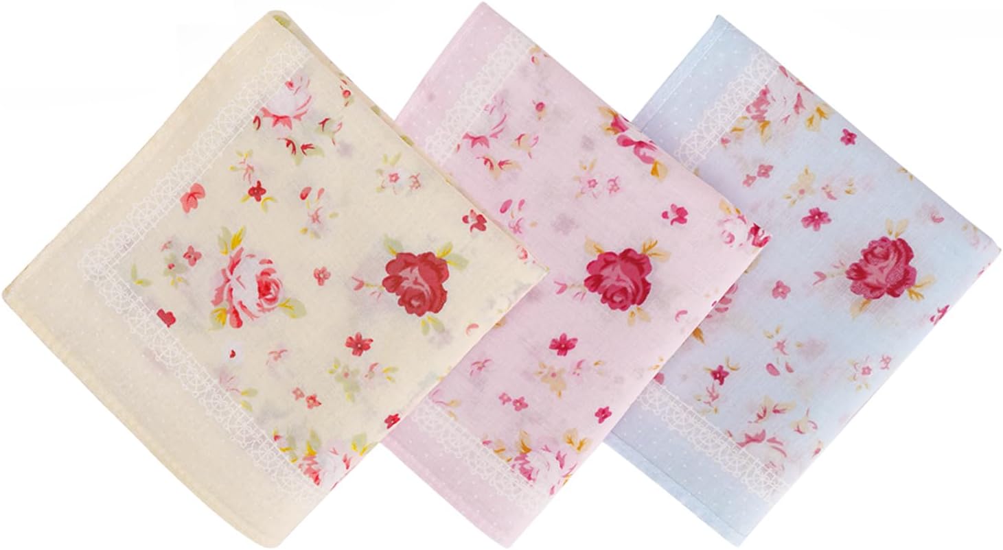 Ladies 100% 60S Cotton Handkerchiefs Womens Soft Vintage Red Rose Floral Print Hankies for Wedding Party 3/6 Pieces 18x18/45x45cm