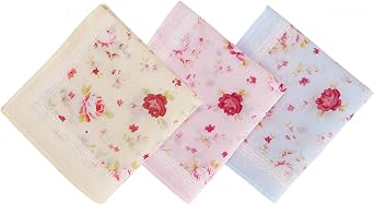 HOULIFE Handkerchiefs for Women, Soft Cotton Red Rose Floral Printing Handkerchief Vintage Women Flower Hankies