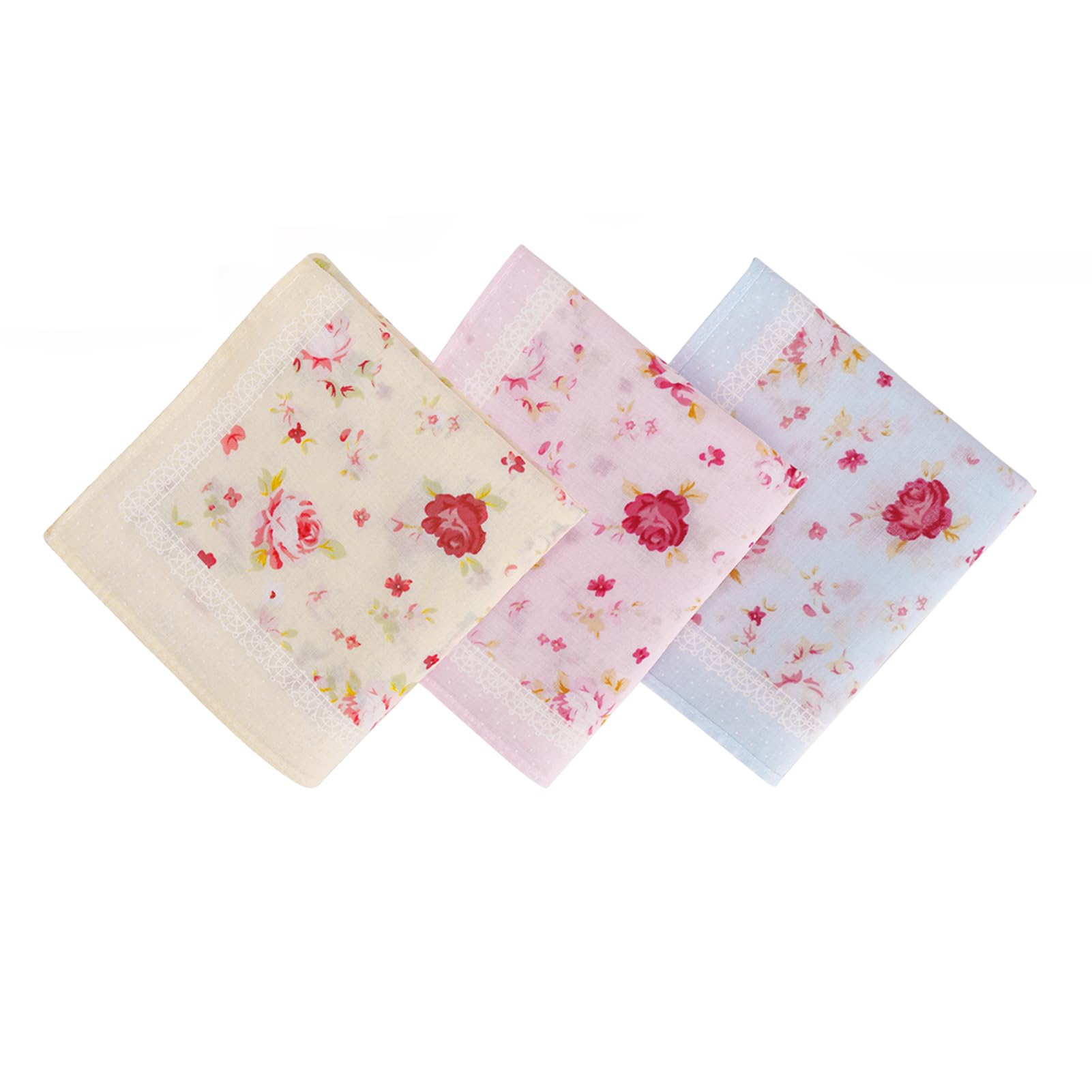 Ladies 100% 60S Cotton Handkerchiefs Womens Soft Vintage Red Rose Floral Print Hankies for Wedding Party 3/6 Pieces 18x18/45x45cm