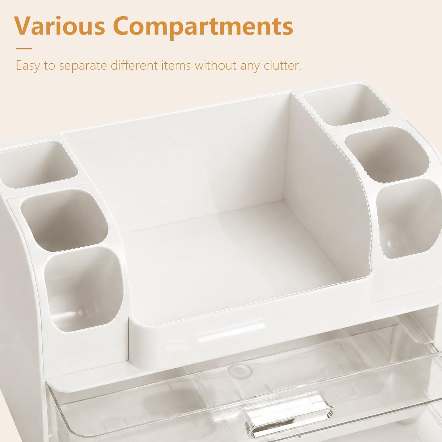 Makeup Organizer for Vanity with Brush Holder, Countertop Bathroom Cosmetic Organizer Skin Care Storage, Large Easy to Store Lipsticks, Nail Polishes, Perfumes, Eyeshadow Palettes (White)