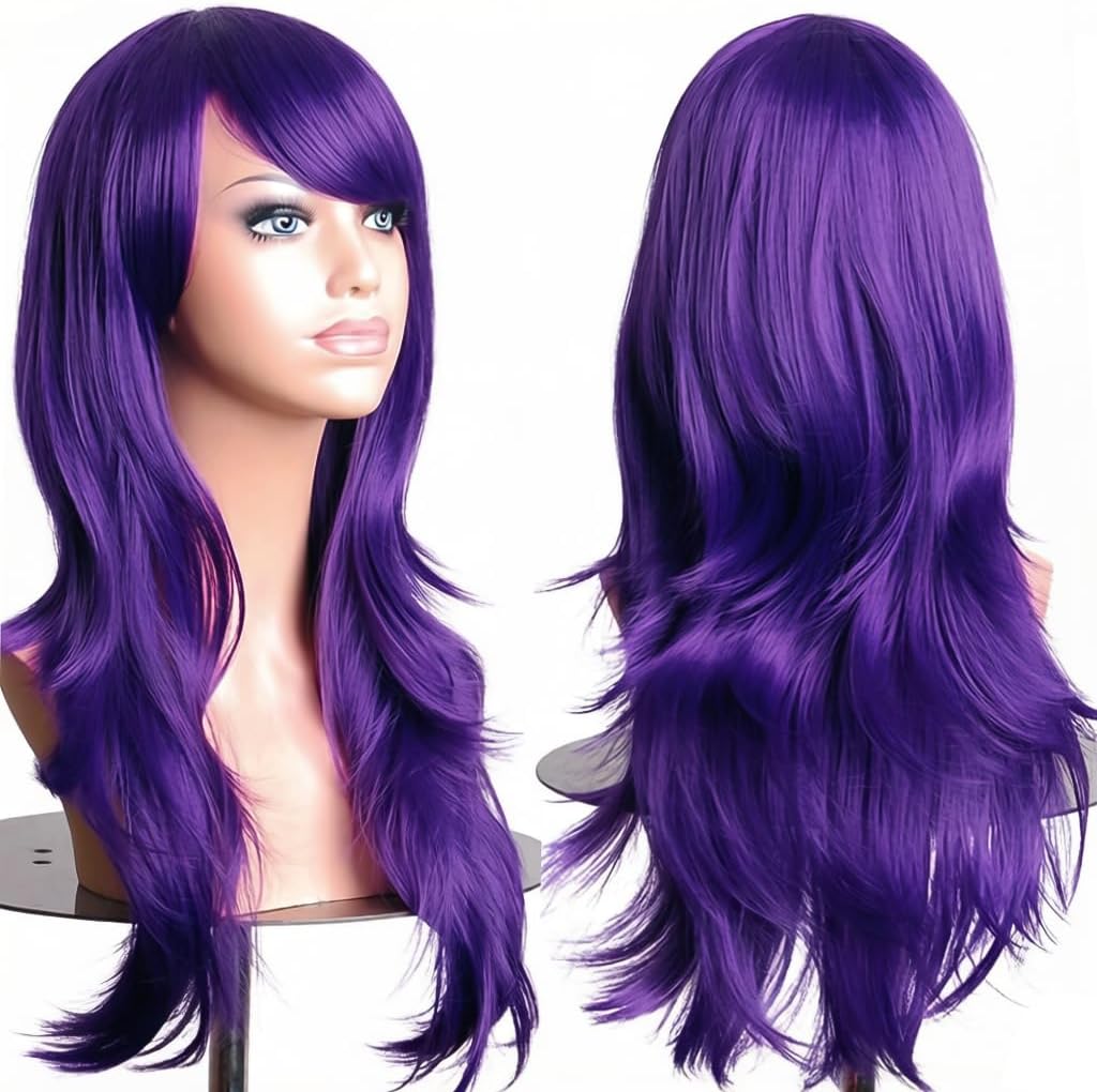 PORSMEER 70 cm/28 inches Charming Long Wavy Full Hair Wig Anime Cosplay Halloween Costume Party Heat Resistant Synthetic Wigs for Women Girls (Purple)