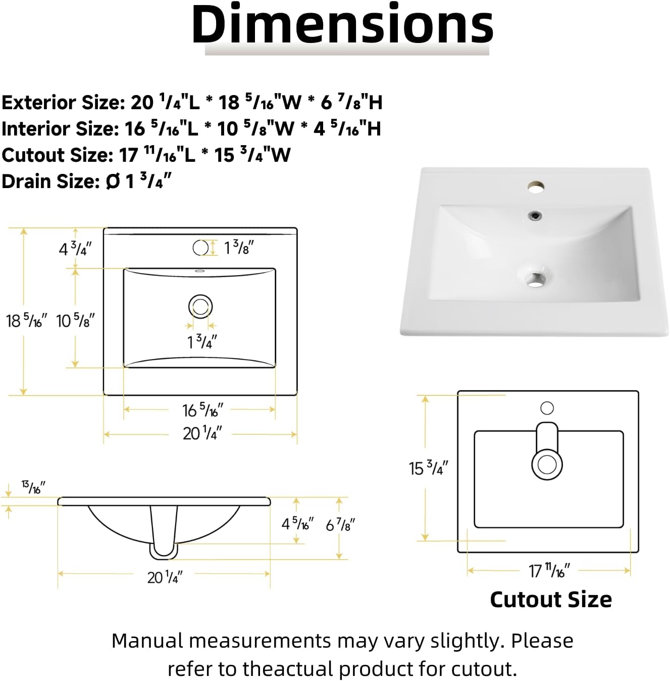 20"W x 18"D Drop In Bathroom Sink with Single Faucet Hole, Los Flexi 20 Inch Rectangular Vanity Top Sink for Small Bathroom, White Top Mount Basin with & Overflow