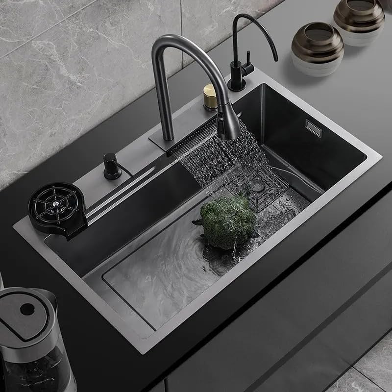 HOMEDELI Nano 304 Grade Stainless Steel Single Bowl Handmade Silver Color Kitchen Sink With Waterfall Faucet/Abs Soap Dispenser/Cup Washer / 2-Drain Basket (30X18X9 Inch BLACK) (B0D9P3BLJ1) Amazon Price History, Amazon Price Tracker