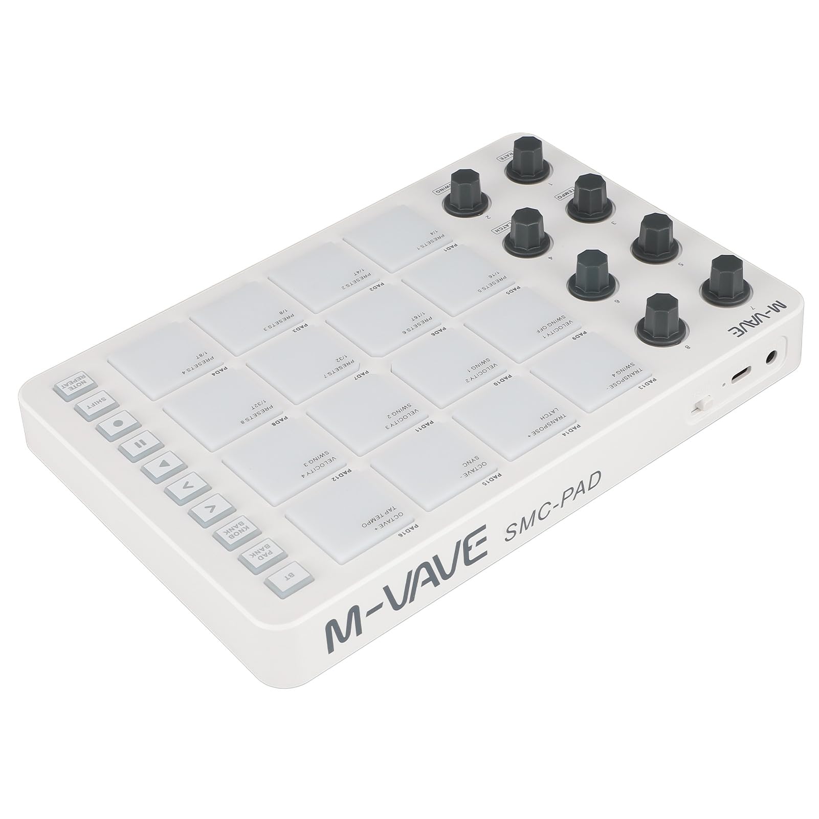 Bewinner Tragbarer Bluetooth-MIDI-Controller, 16 RGB-beleuchtete Drum-Pads mit 8 Zuweisbaren Knöpfen, Notenwiederholung, Geringe Latenz, Kabelloser MIDI-Pad-Controller für Live FL Studio Logic Pro X