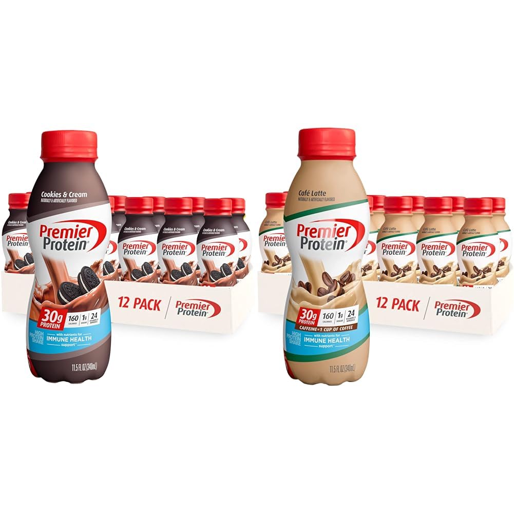 Premier Protein Shake Cookies & Cream and Café Latte Flavors, 30g Protein, 1g Sugar, 24 Vitamins & Minerals, 12 Packs