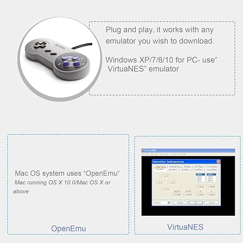 Miniatura 3 de KIWITATA 2 controladores USB clásicos SNES para juegos de PC, retro SNES con cable USB emulador controlador para Windows XP 7 8 11 Mac Raspberry Pi