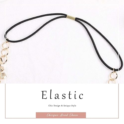 Miniatura 5 de Chicque Cadena de cabeza bohemia, cadena de pelo de perla, tocado dorado, flor elástica, joyería para el cabello, accesorios para el cabello para