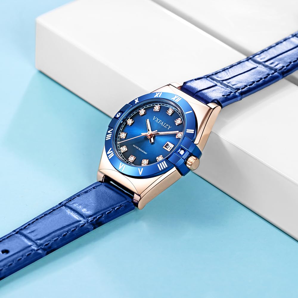 Reloj Mujer Elegante con Marcadores de Cristal y Correa de Cuero Auténtico Reloj con Calendario para Damas