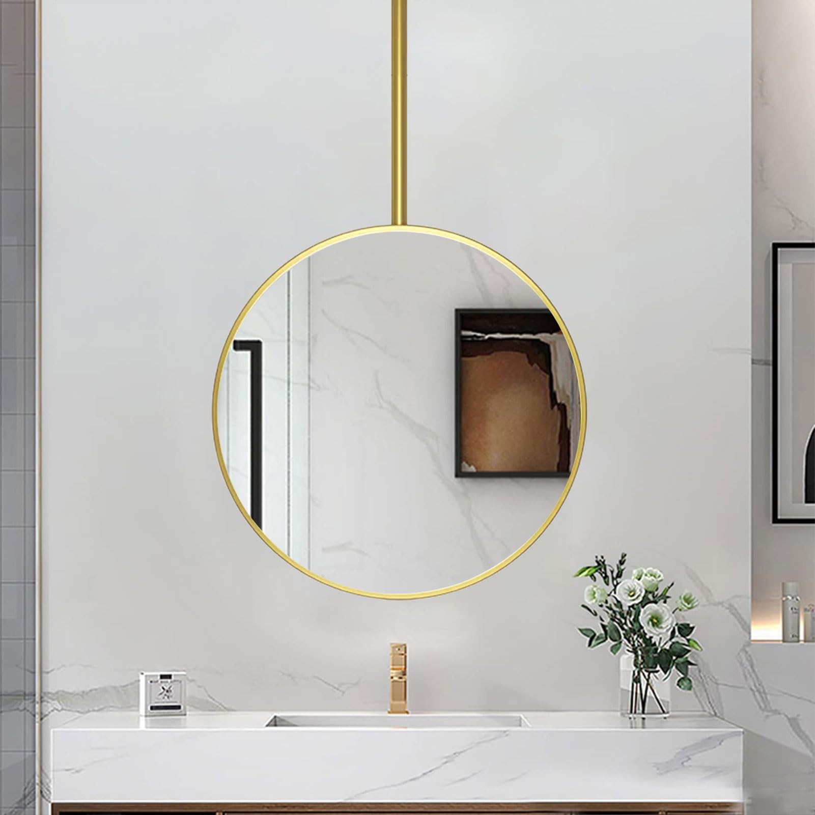 FGXHHS Modern Hanging Rod Mirror with Customizable Boom, Floating Bathroom Vanity Makeup Mirrors, Home Hotel Decorative Golden Metal Framed Round Mirrors(Diameter-70CM/27.6INCH)
