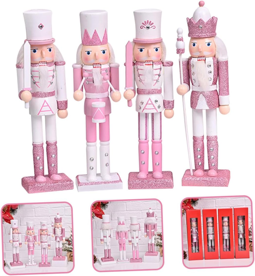 4pcs Wooden Christmas Nutcracker Figures Set, Traditional Pink Nutcracker Puppets 24cm, Holiday Desktop Decorations, ’s Xmas Collection
