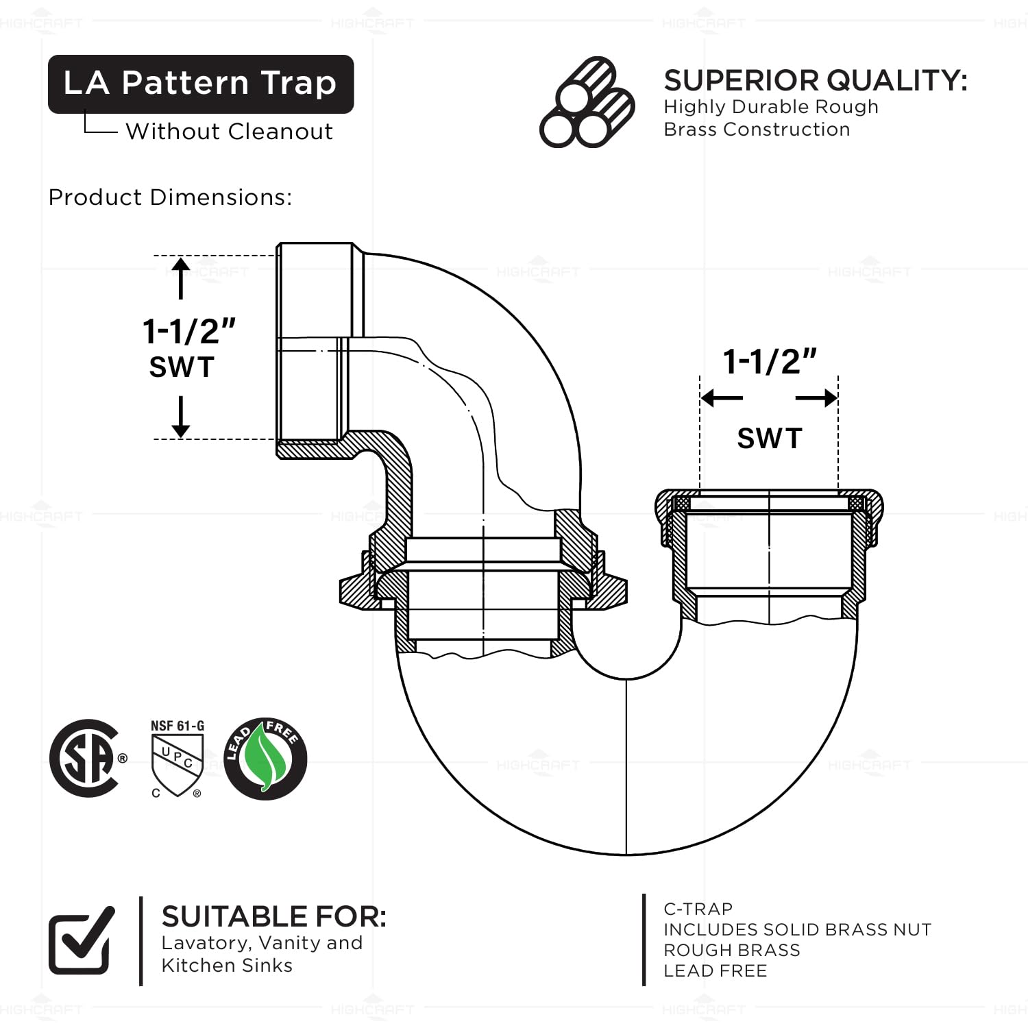 Highcraft Sifone in ottone modello LA 1-1/2 "SWT x 1/-1/2" sifone per lavandino del lavello, sifone in ottone per lavello da bagno, lavello da cucina, applicazioni di scarico tubolari per lavello da