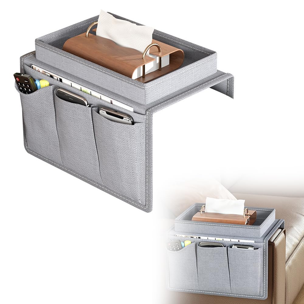 Hojalis Sofa Armrest Organiser, Couch Armchair Caddy with 4 Pockets, Foldable Sofa Arm Tray, Armrest Covers Storage Bag, Hanging Armchair Tray with Cup Holder for Phone Glasses Books Drinker Snack