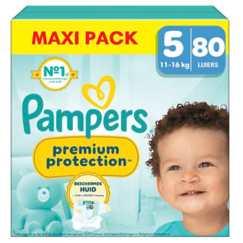 Pampers Premium - Protección de 5, 80 capas, 11 kg-16 kg, doble protección para la piel y contra fugas
