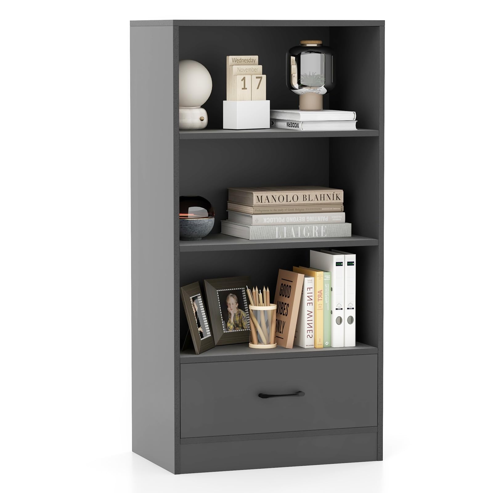 KOMFOTTEU Librería con 3 Estantes y 1 Cajón, Estantería de Almacenamiento con Dispositivo Antivuelco, Mueble Organizador de Madera para Sala de Estar, Estudio, 60 x 38 x 120 cm (Gris)