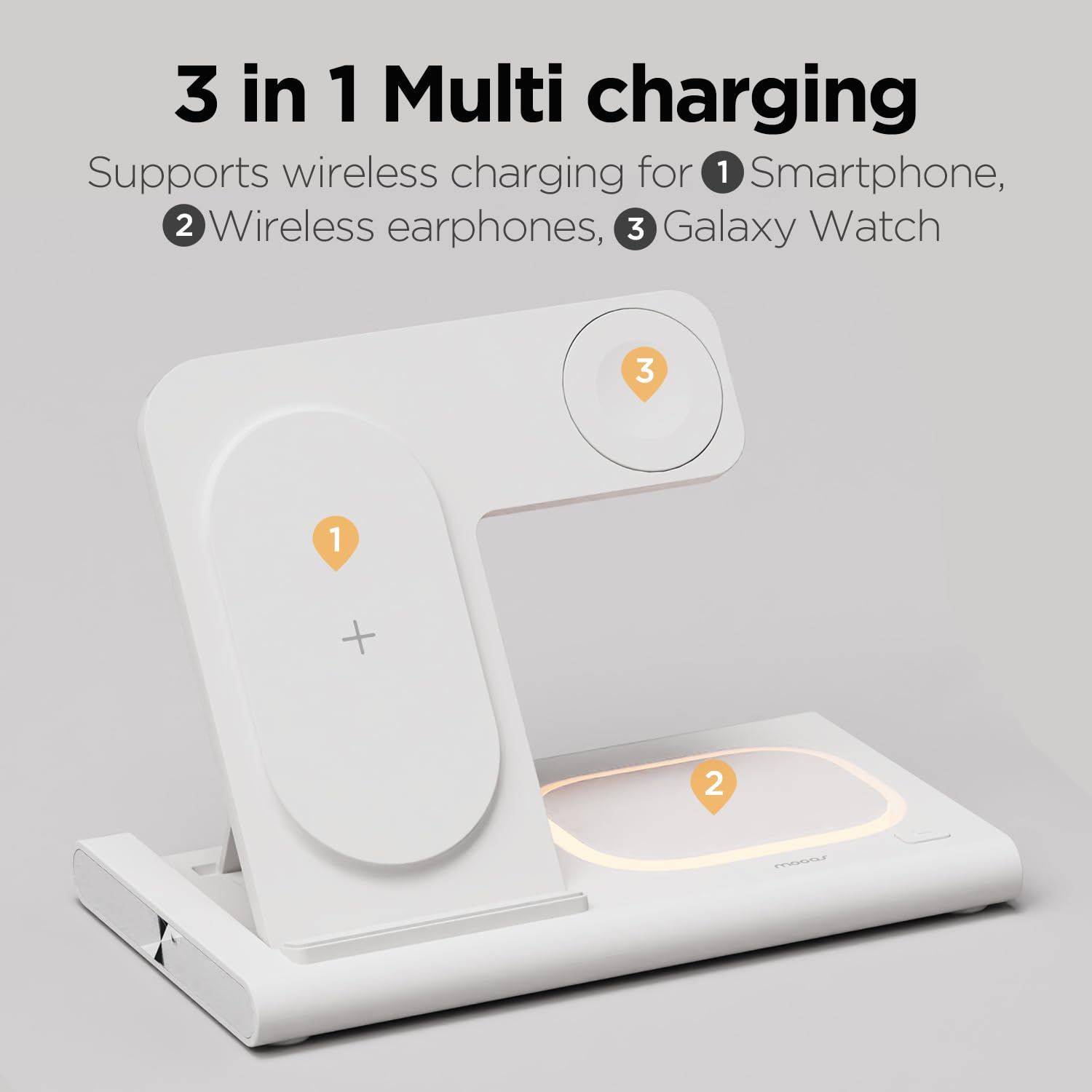 mooas 3 in 1 Wireless Charging Station, 15W Fast Wireless Charger Nightlight, Multiple Wireless Charging Stand Dock for iPhone 15/14/13/12/11/XR/XS/8 Pro Max Ultra S24/23/22/21 Airpods & Galaxy Watch