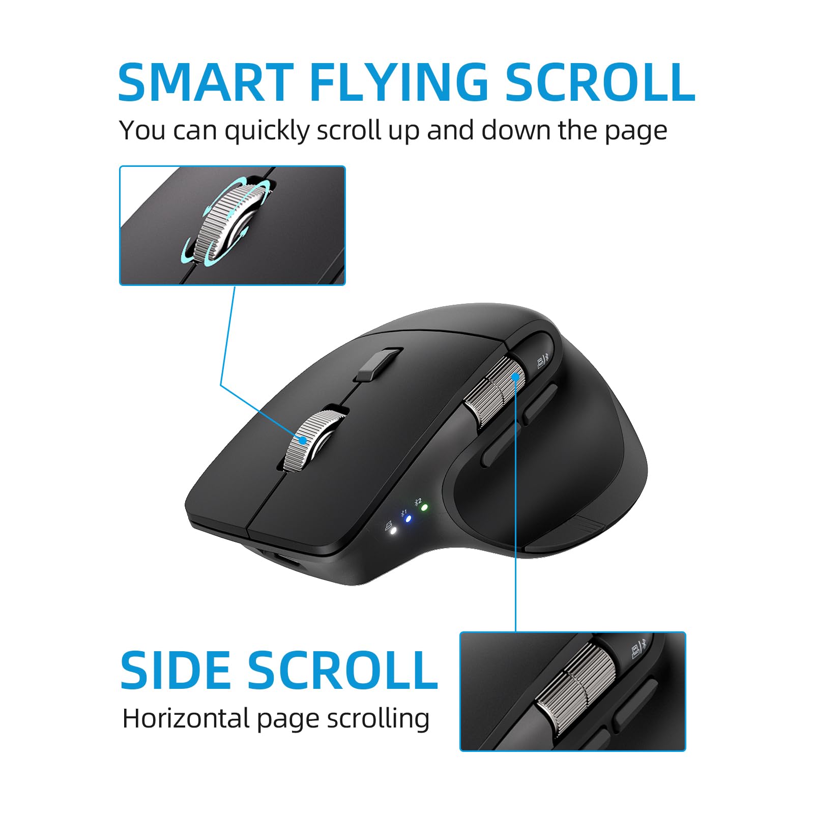 INFINMIND Mouse ergonomico wireless Bluetooth con 6 pulsanti programmabili (Mac/Windows), multi-dispositivo, scorrimento volante e rotella laterale, DPI a 5 livelli, mouse silenziosi ricaricabili per