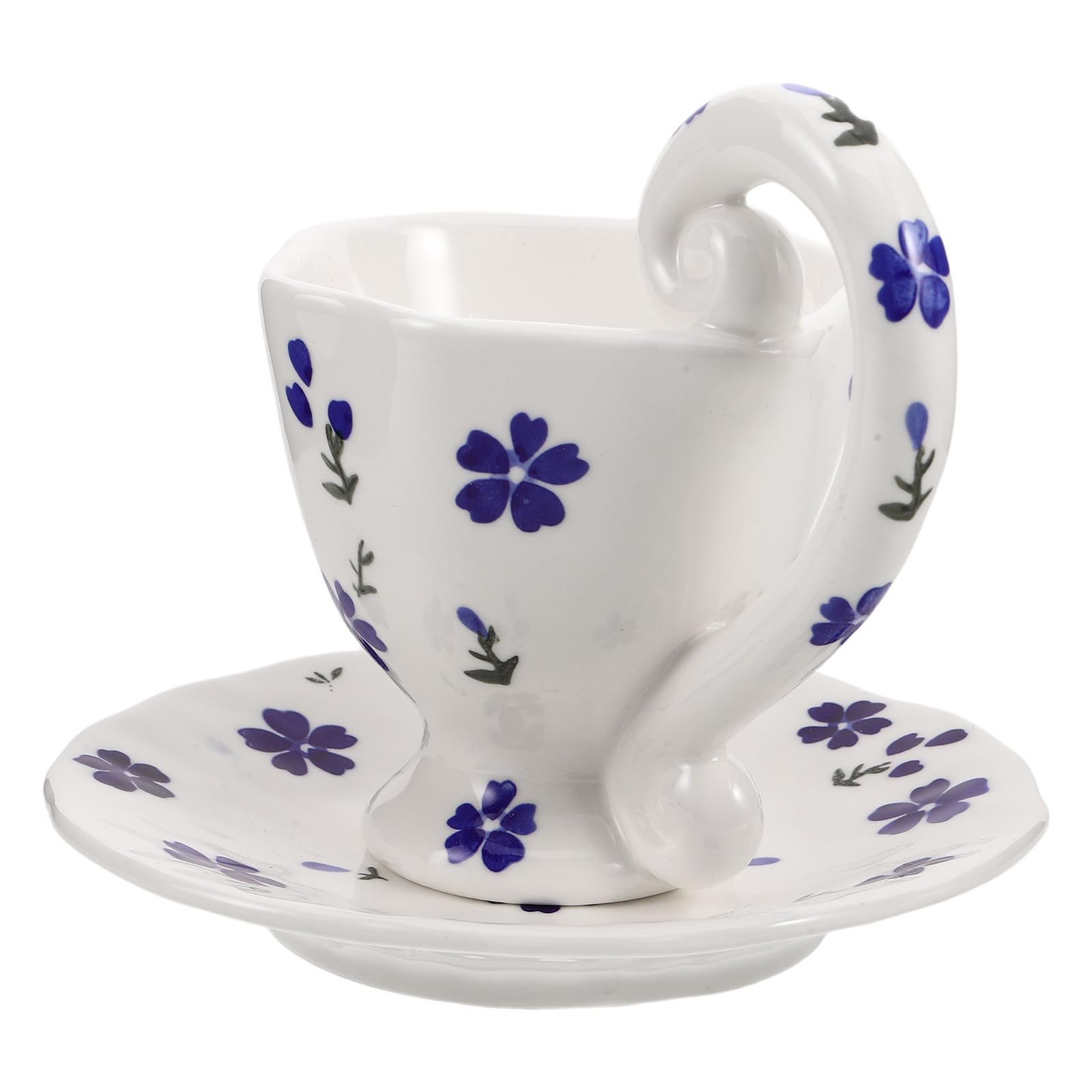 HEALLILY Juego de Taza de Café de Cerámica Azul con Diseño Floral Pintado a Mano, 6.7oz, Cómodo y Práctico para Desayuno en Casa u Oficina