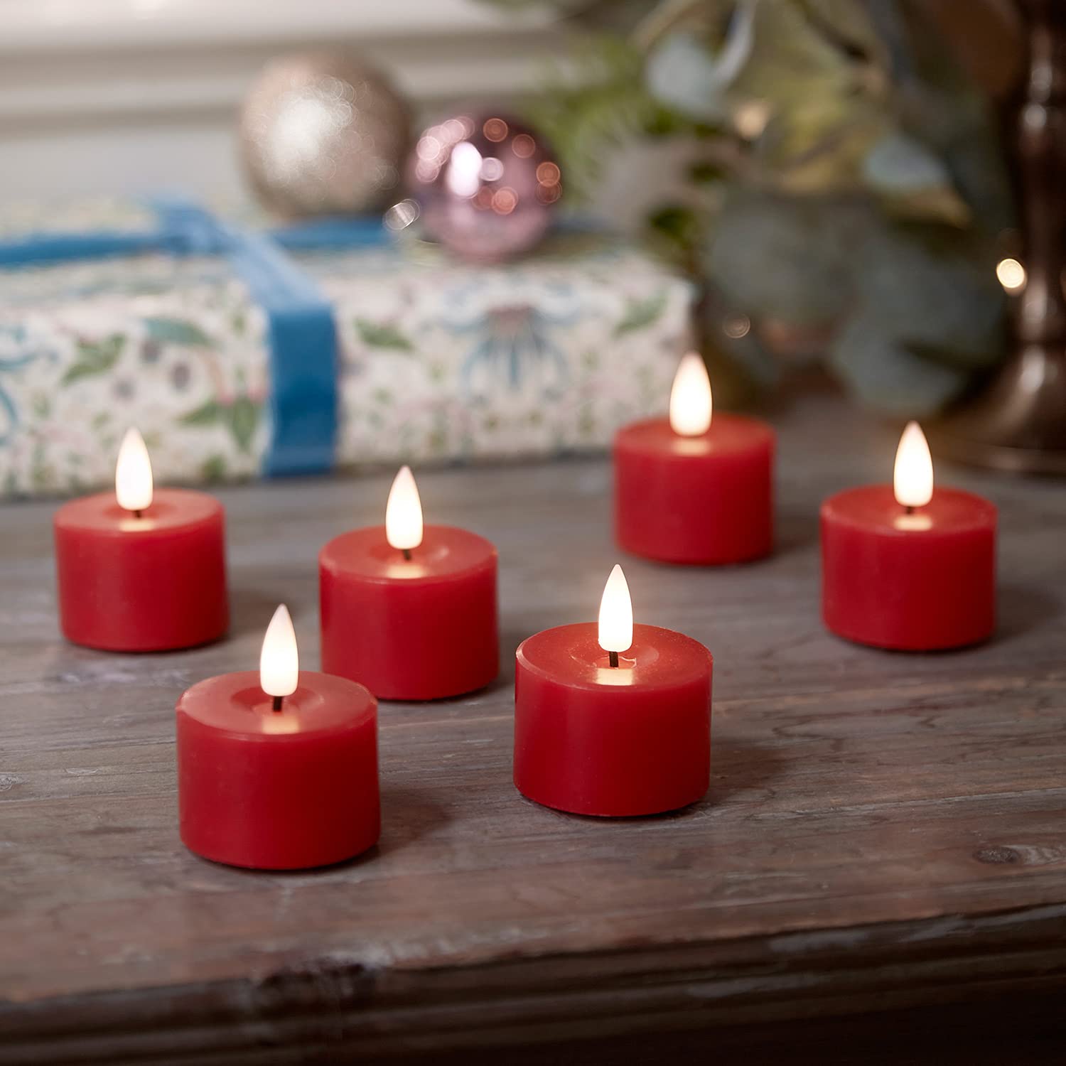 Lights4fun Red Set Of 6 Truglow® Votive Tea Light Candles Battery Led Flameless With Timer Real Wax 5.5Cm