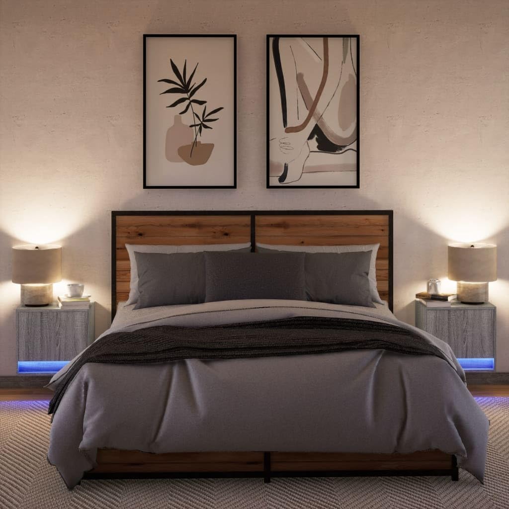 Wandmontage Nachttisch mit RGB LED Beleuchtung, Holzwerkstoff Nachttisch mit Schublade und USB-Anschluss, Platzsparende Wandkonsole für Schlafzimmer
