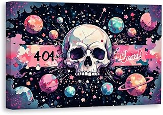 Canvas Wall Art Painting Glitch Art Digital Skull Banner Pixelated Planets Ready To Hang Abstract Decor for Game Room Office Tech Space 12"x18"