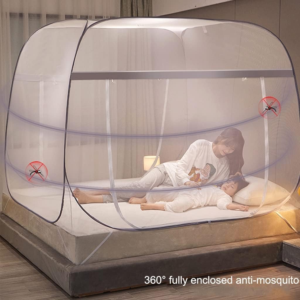 Mosquitera para Cama, Tienda De Mosquitera Emergente para Uso En Interiores Y Exteriores, Mosquitera Portátil De Viaje De Doble Puerta con Fondo De Red, Mosquitera con Borde Gris, 2m*2.2m*1.5m