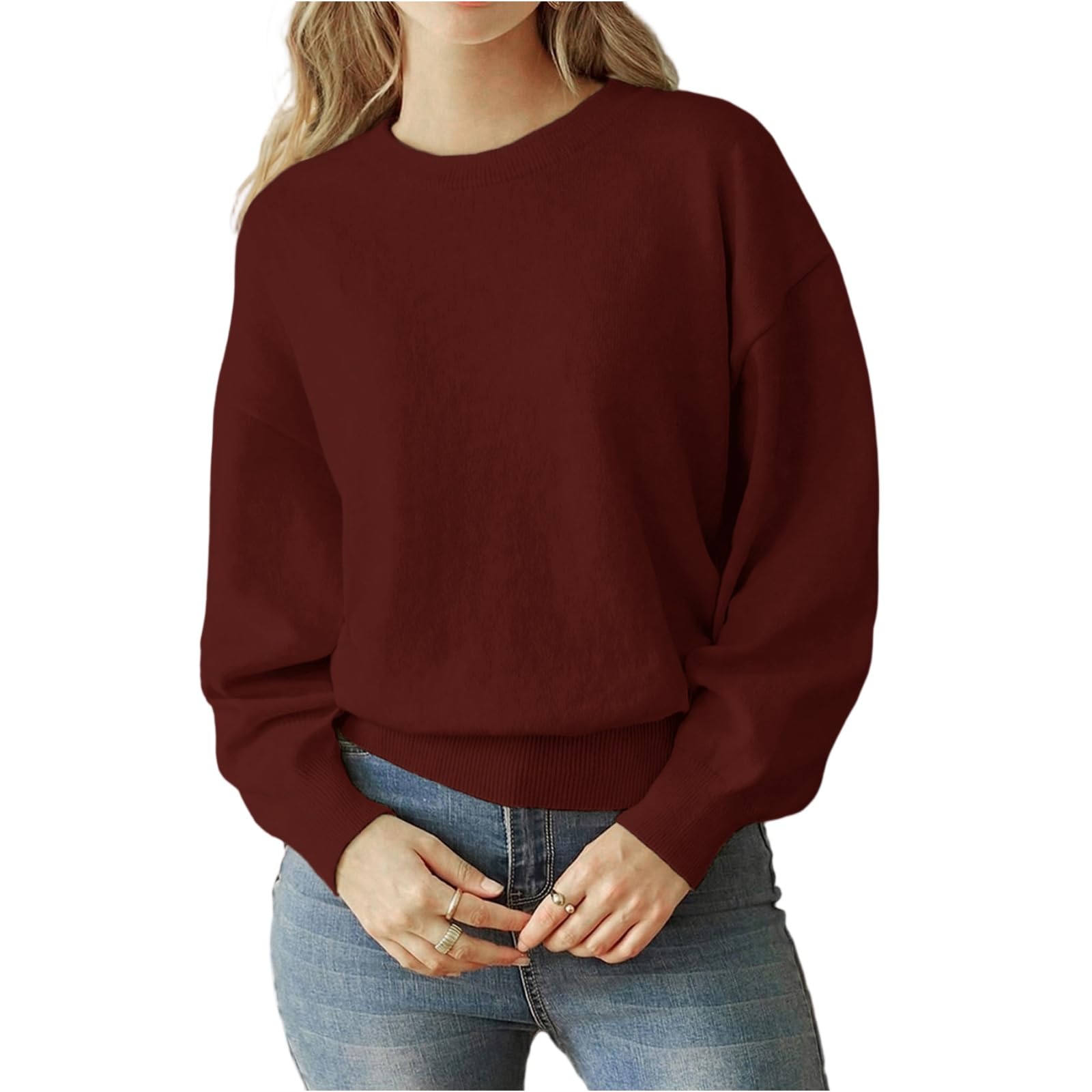 Womens Fashion Long Sleeve Top Loose Comfortable Solid Color Sweater Stylish Pullover Crewneck Pullover