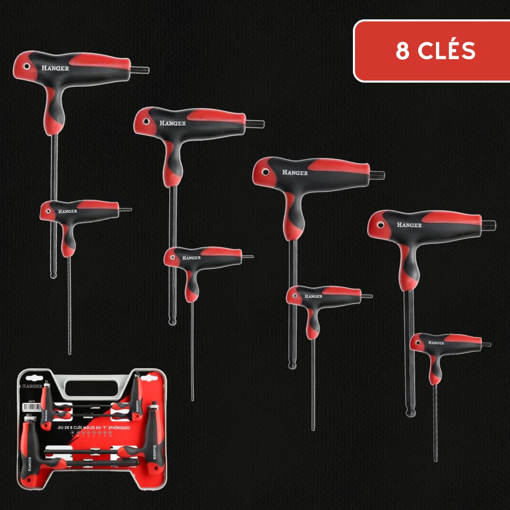 Juego de 8 llaves Allen esféricas incorporadas en 'T' – Percha – 250191 – Llaves macho 6 Pans esféricas – Asas ergonómicas