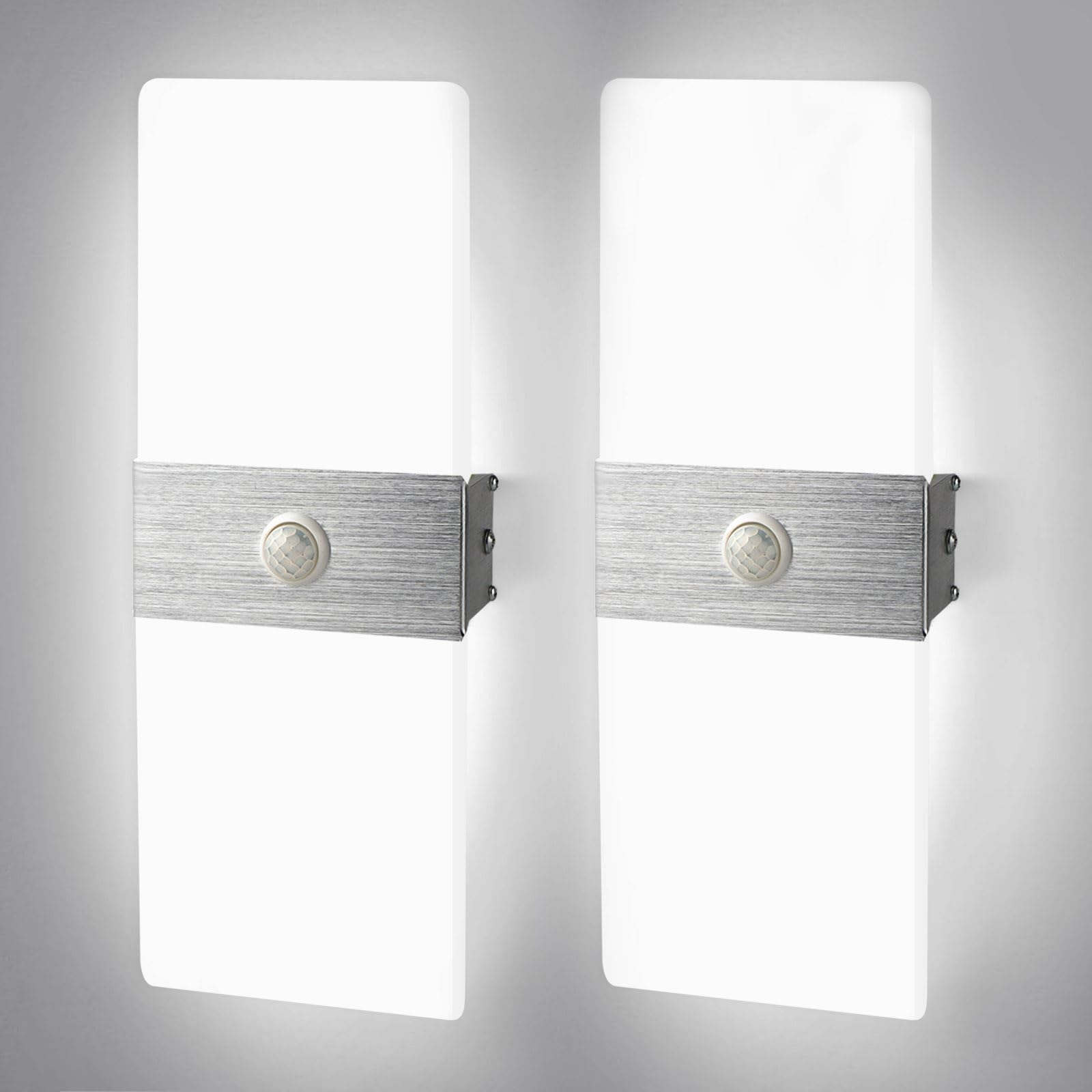 Pack de 2 Aplique de Pared Interior Luz LED con Sensor de Movimiento 12W Lámpara de Pared Moderna Blanco Frío 6500K Acrílico Aluminio para Pasillo Escaleras Balcón Salón Entrada