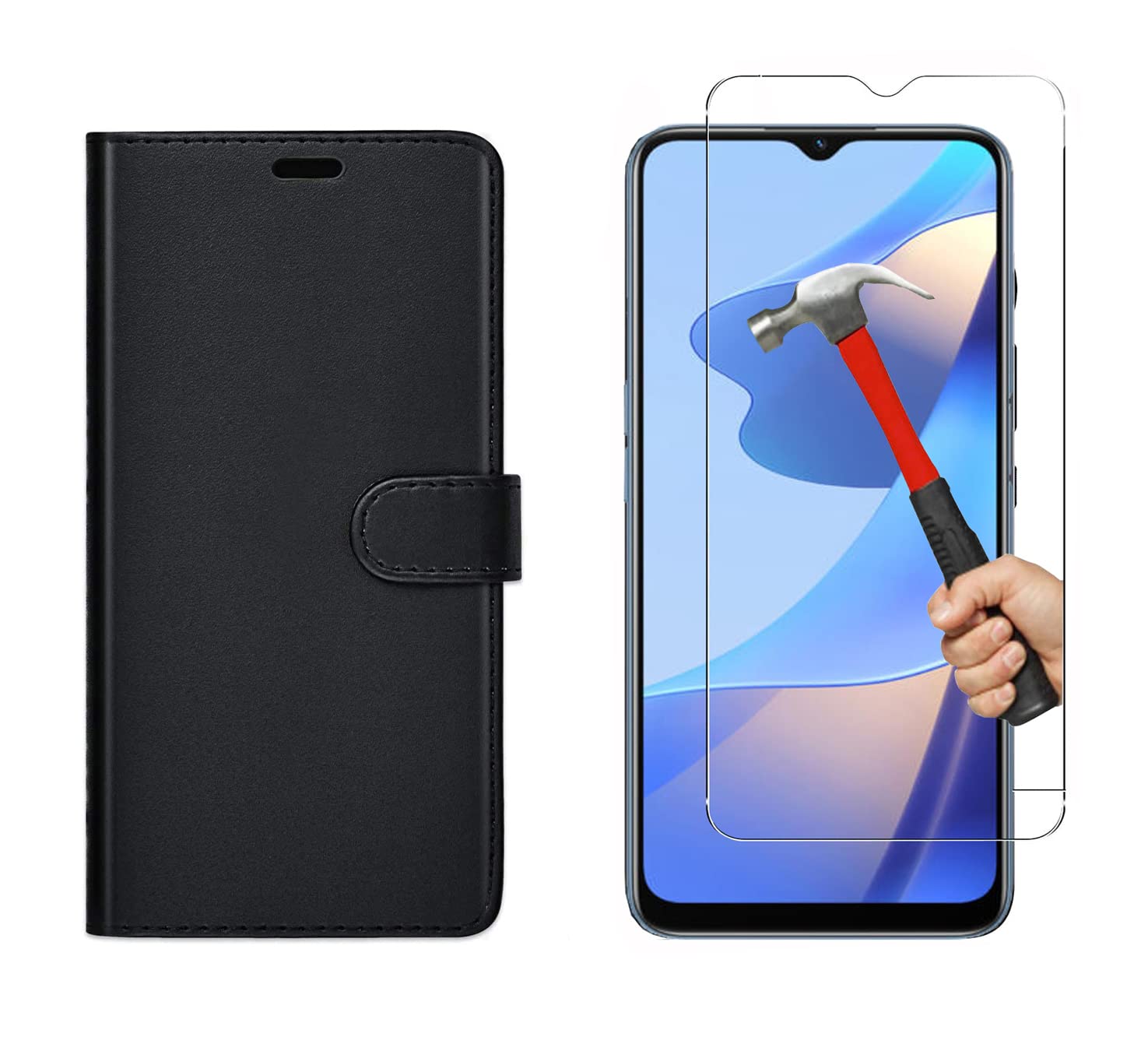 KP TECHNOLOGYOppo A16s Case, Oppo A16 Case, Oppo A54s Case, Oppo A16s A16 A54s Leather Book Flip Wallet Cover with Tempered Glass Screen Protector for Oppo A16s / Oppo A16 / Oppo A54s (BLACK)