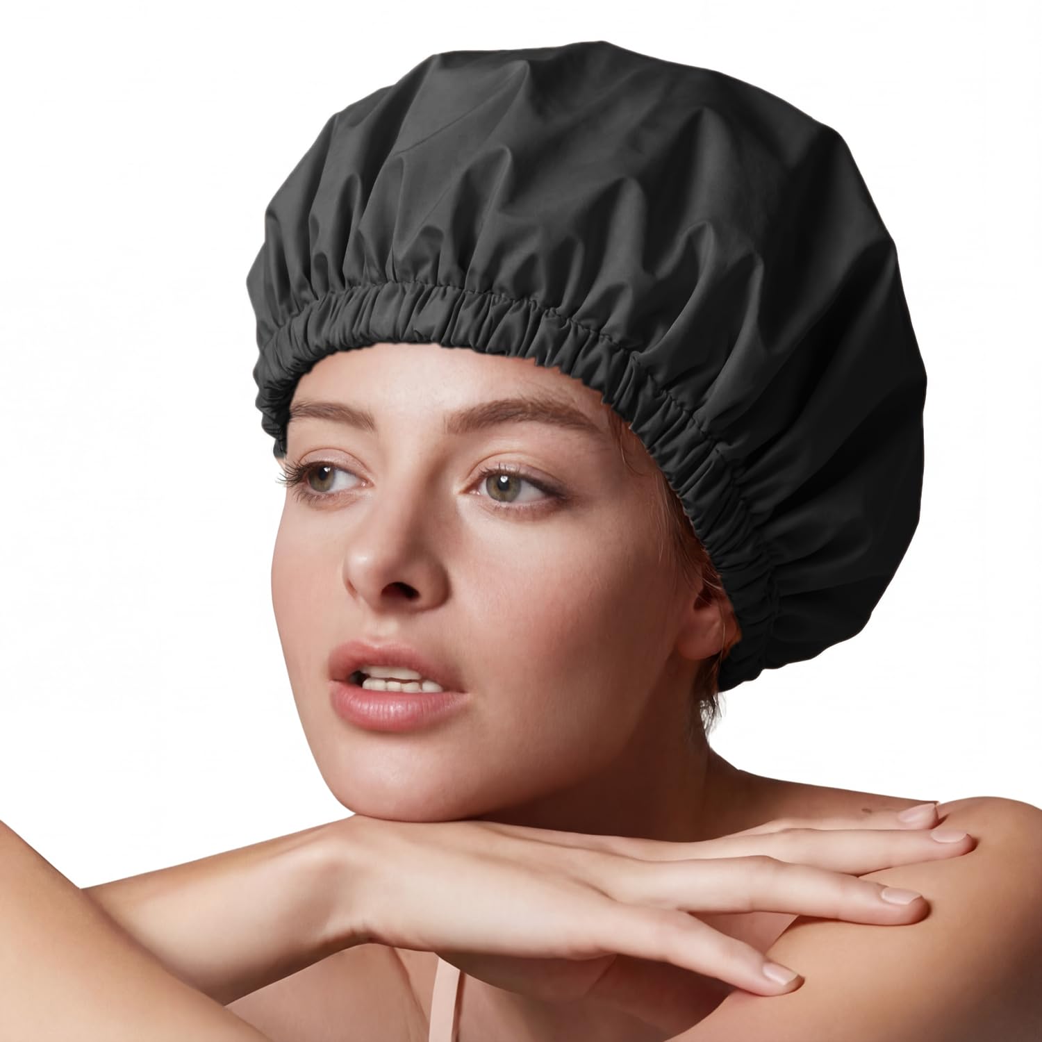 Amamba Shower Caps, Silk Lined Shower Cap for Women,Reusable,Adjustable Size, Washable & Waterproof,Large Satin Shower Cap-Black