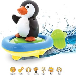Dollibu Boat Racer Buddy, Fun Educational Bath Toy Finger Puppet Pull and Go Water Racing Sea Life Pal for Shower Pool Bathtub Swim Hard Surface - Baby Toddler and Boy - 6 Inch - 3 in 1 Game - Penguin
