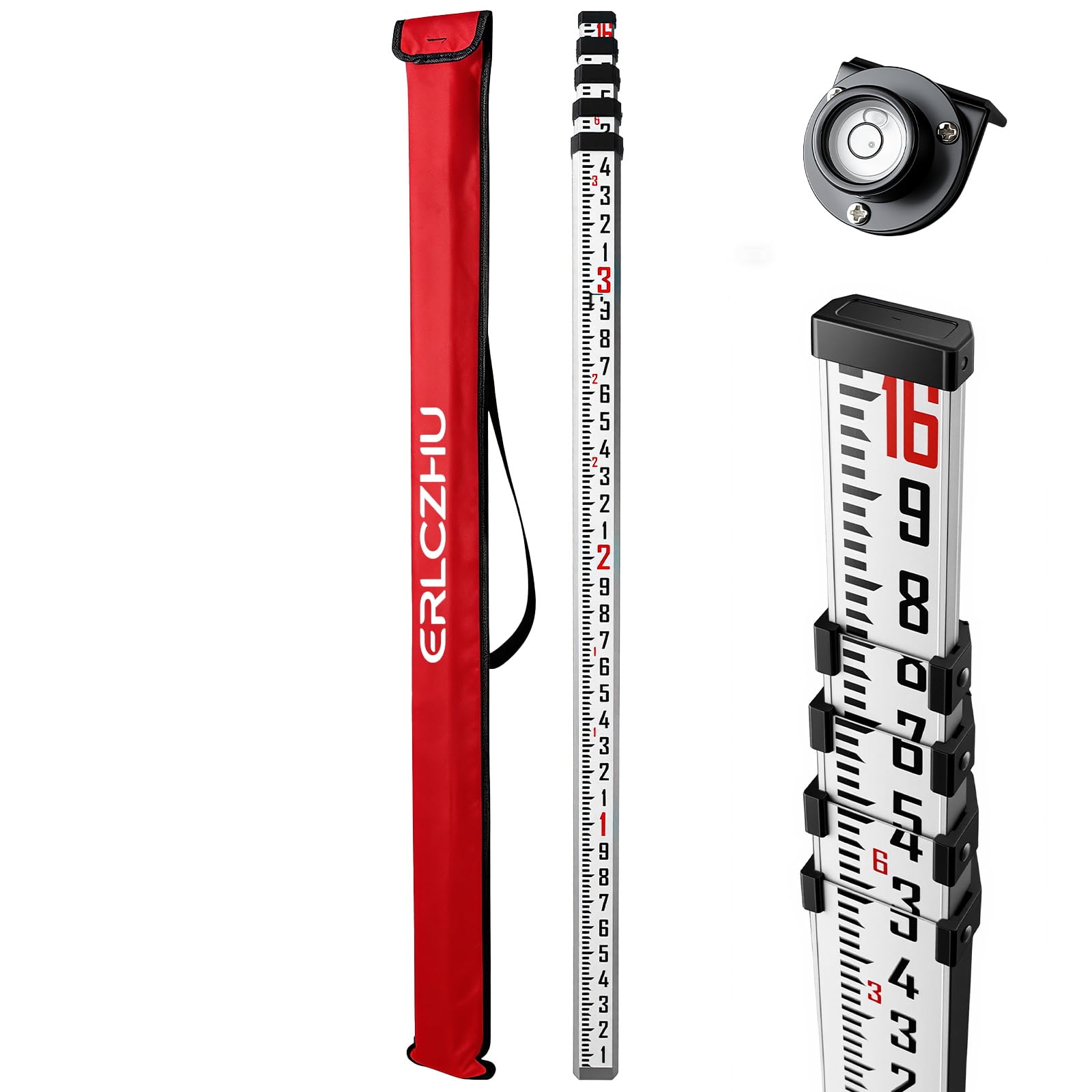 Photo 1 of 16 FT Sided Aluminum Grade Rod, 5 Sections Telescopic Measuring Rod, Double-Sided Scale Grade Stick, 10ths Grade Rod Telescopic Rectangular Leveling Rod with Bubble Level and Lock Button