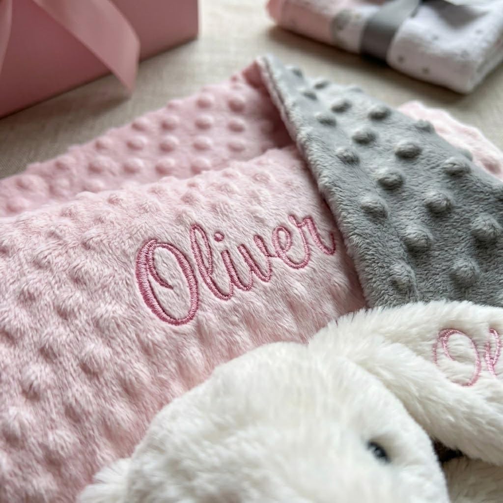 Personalized Baby Blanket with Bunny Set, Custom Baby Blanket with Name, Custom Blankets & Rabbit Gift Set for Toddlers Boys Girls, Flannel Dot Swaddle for Birthday