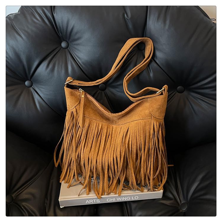 Image of Fringe Hobo Bags for Women - Vintage Suede Tassel Hippie Crossbody Bag Western Purse Cowgirl Purses Tassel Shoulder Bag