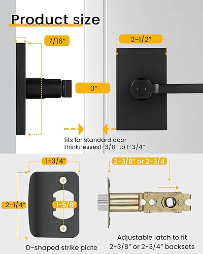 Miniatura 7 de goldenwarm Manijas de puerta negras para interiores, manijas de puerta de privacidad color negro mate, manija de puerta de aleación de zinc