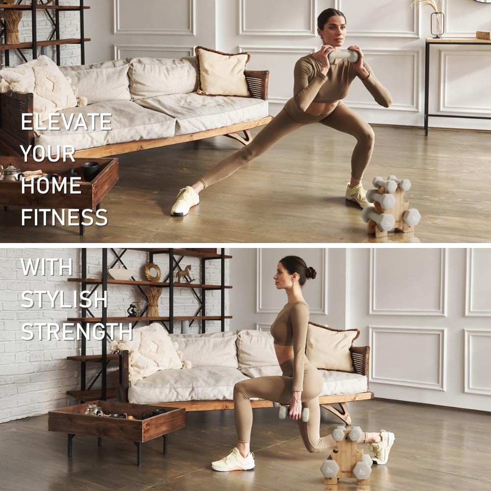 PhysKcal 6er- Hanteln Set mit Bambusständer, Kleine Neopren Kurzhantel Set | Stilvolles Fitnessgeschenk für Anfänger, Damen und Kinder, ästhetisch als Wohnaccessoire, ideal für Pilates, Reha und Cardio