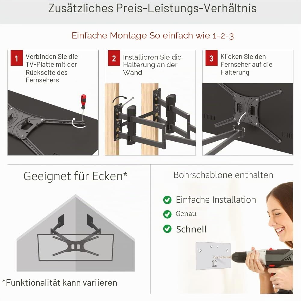 Barkan 1 Meter lang TV Wandhalterung, 13 - 90 Zoll Doppelarm, Schwenkbar / Vollbewegung flach & Curved Fernseher Halterung, hält bis 60Kg, Extra stabil, 104cm, für LED OLED LCD, Max. VESA 600x400