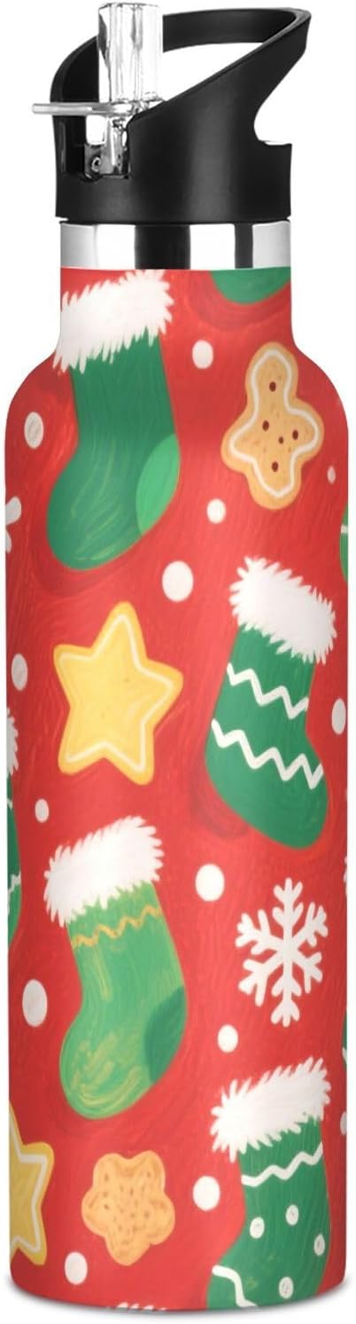 Merry Christmasgreen Christmas Stockings Lightweight Water Bottles With Straws Leak-proof Double Wall Vacuum Insulated for Sport Gym Outdoor Travel