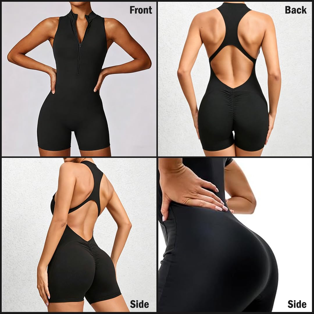 Tuta Corta Donna Schiena Scoperta - Modella Pancia, Solleva Glutei, Zip Frontale, Coppe Rimovibili, 4-Way Stretch per Palestra Yoga