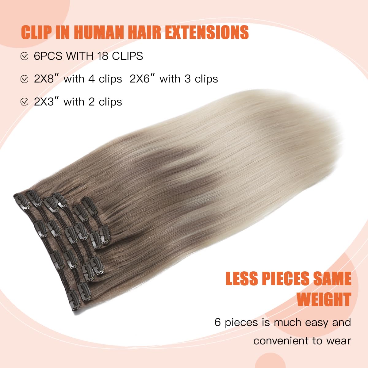 XDhair Clip in Hair Extensions Human Hair 16Inch 100g 6psc Ombre Ash Brown Highlighted with Blonde Clip in Human Hair Extensions #8/60 16inch - Image 2