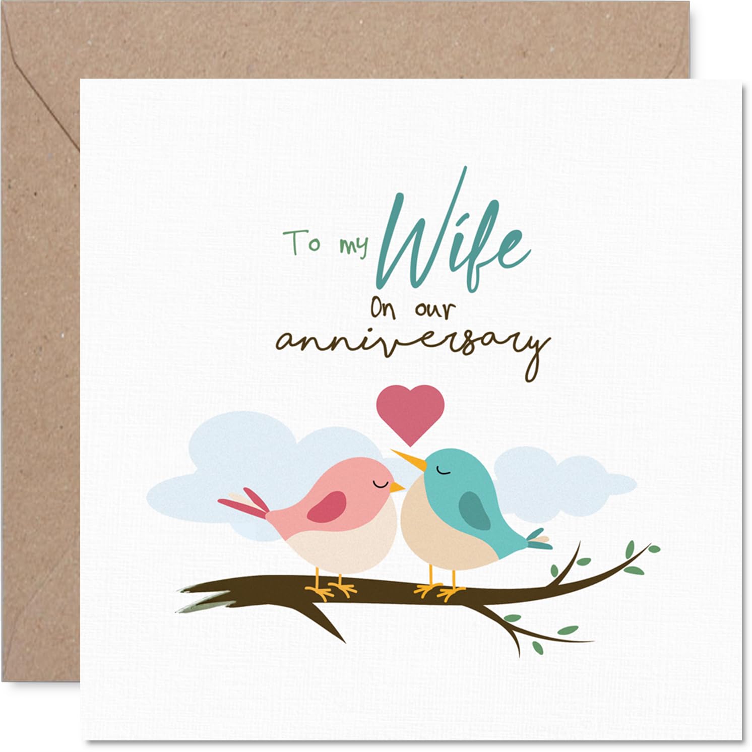Romantic Anniversary Card for Wife - Chirpy Lovebirds on a Branch - Soft Pinks and Blues with a Heartfelt Touch - Bursting with Anniversary Charm - 145mm Square, Envelope Included