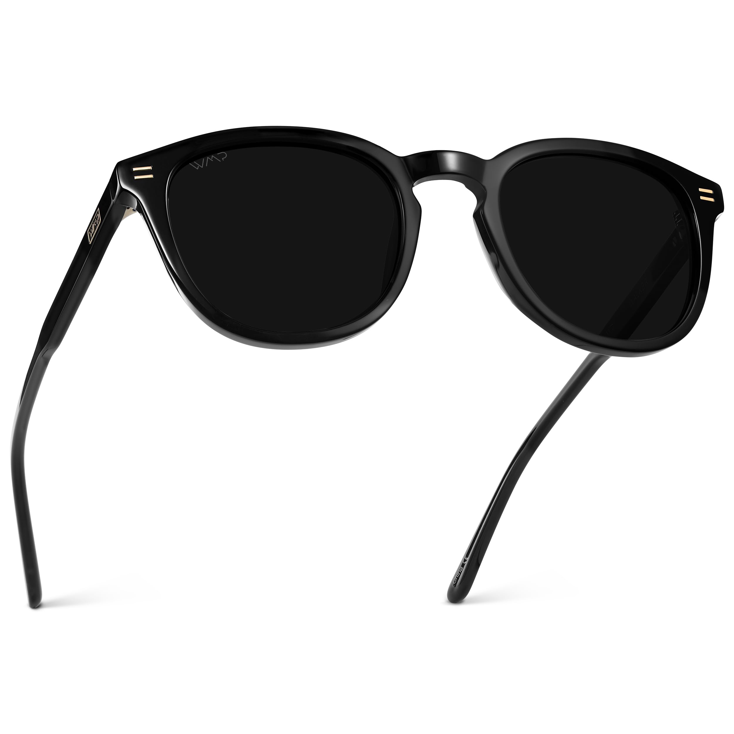 WMP Eyewear - Men's Classic Round Polarized Sunglasses, Premium Slim Acetate Frame with Dashed Rivet Details (Black/Triple Black Lens)