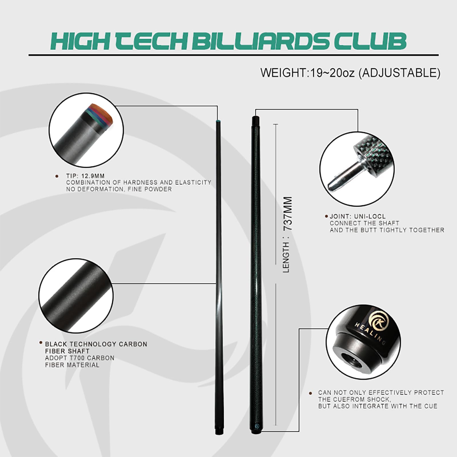 KHEALING Taco de billar de fibra de carbono de 58 pulgadas, estructura 1/2, conector de 3 dientes, punta de 12,4 mm, 540-567 g, adecuada para jugadores de billar profesionales