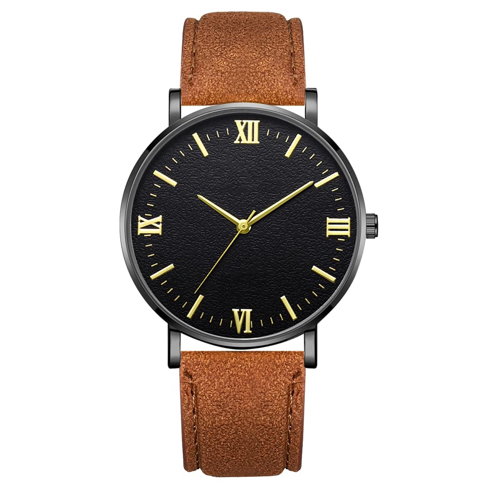 YJZO Sports Watch - Quartz Mechanical Wrist Watch (Coffee Strap Black Case Black Dial Gold Hand)