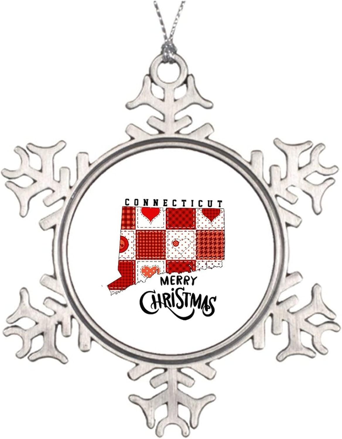 Connecticut Snowflake Pewter Christmas Ornament USA State Ornament Christmas Tree Decoration Holiday Hanging Pendant Keepsake Xmas Gift Exchange Idea Connecticut Souvenir 3-Inch