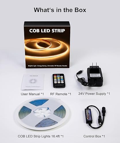 Miniatura 9 de COB - Tira de luces LED, 16.4 pies regulables blancas (2700 K-6500 K) luces LED para dormitorio con control remoto RF, 24 V ultra brillante, 2800