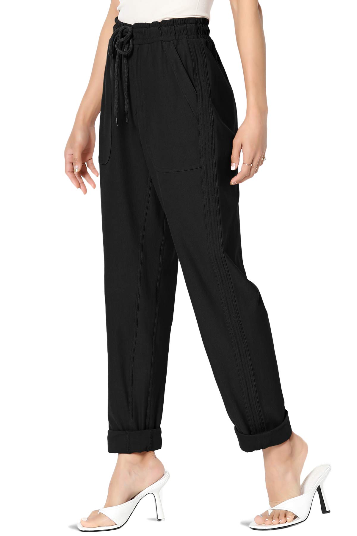 TheMogan S 3X Drawstring High Waist Cuffed Hem Soft Stretch Cotton Twill Pants