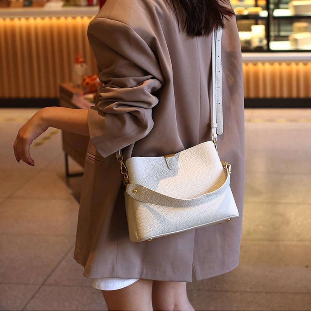 Leather Bucket Bag for Women, Soft Crossbody Top-handle Purse with 2 Style Adjustable Straps, Spacious Daily Handbag for Work - Image 2