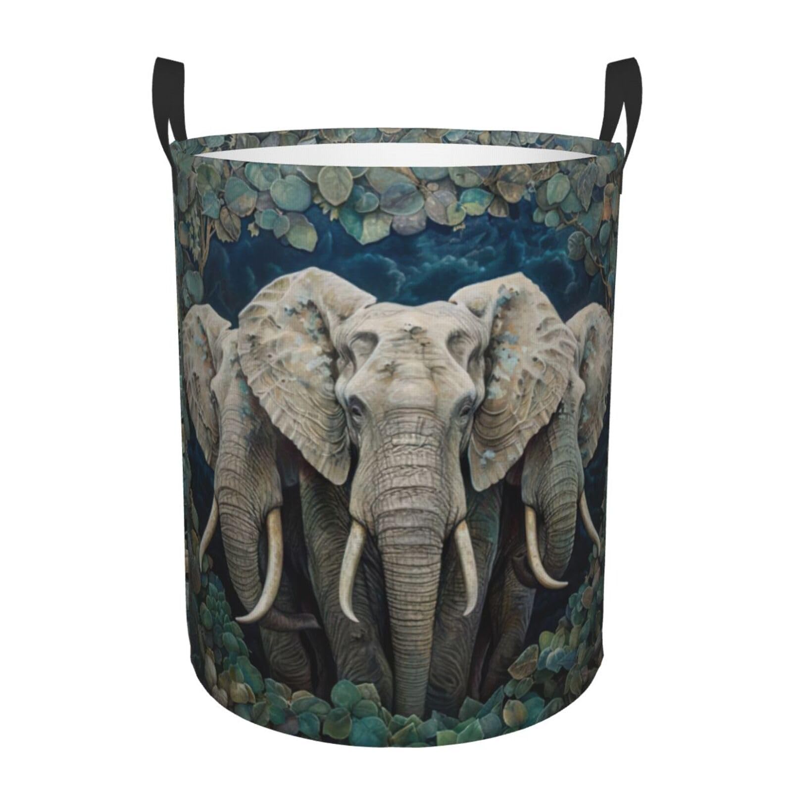 M Collapsible Laundry Hamper Round Elephants Art Print Storage
